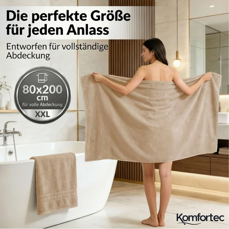 Komfortec 2er Saunatuch Set 80x200 cm aus 100% Baumwolle, XXL-Saunatücher, Sauna Handtuch, Weich, Groß, Frottee, Schnelltrocknend, Sand/Beige – Bild 2