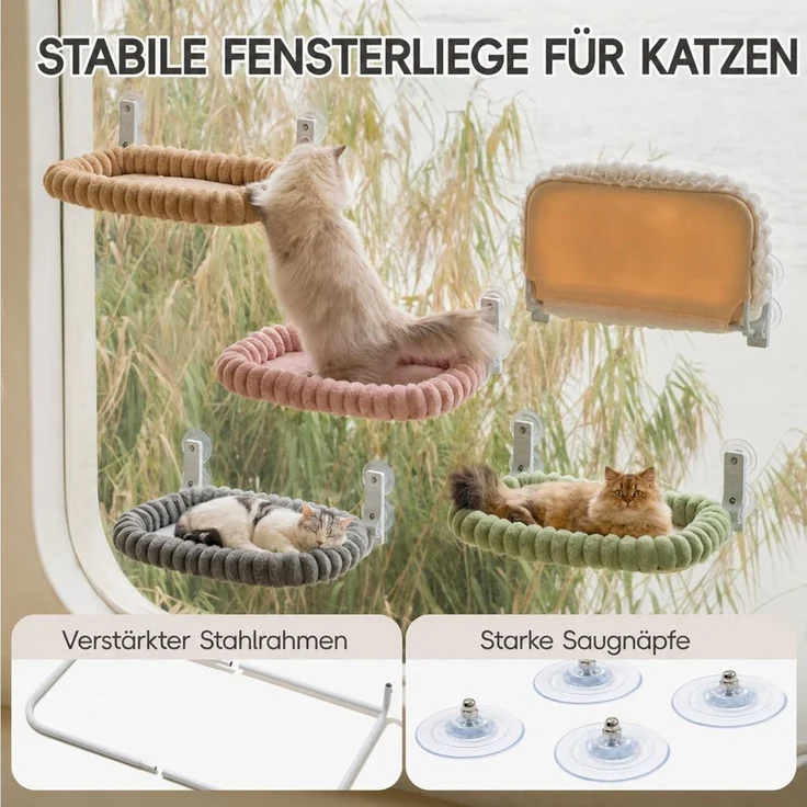 SURFOU Katzen-Hängematte, Fensterliege für Katzen, faltbar, 52 × 30 cm, Katzenhängematte Fenster mit Saugnäpfen und Plüschrand, für Katzen – Bild 3