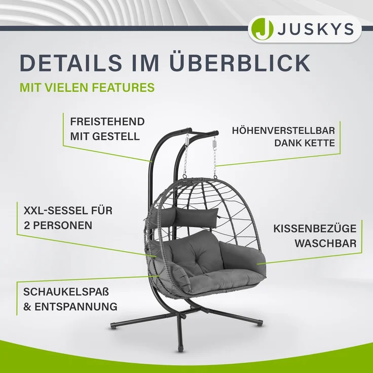 Juskys Doppelhängesessel Aria - Polyrattan Hängesessel mit Gestell & Kissen - Schaukel für zwei Personen - Outdoor Indoor Sessel - XXL Korb Grau – Bild 4