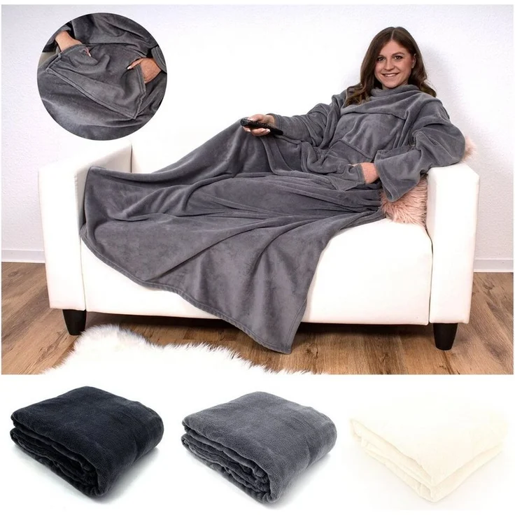 Wohndecke Kuschelig weich Ärmeldecke Ganzkörper Kuscheldecke, heimtexland, Sofadecke mit Ärmeln und Tasche I Cashmere Feeling TV-Decke – Bild 5