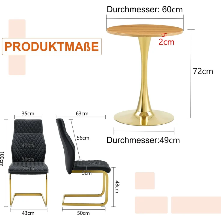 Esstischgruppe rund 60 cm aus MDF mit 2 Stühlen, goldfarbenem Metallgestell und PU-Leder in Schwarz – Bild 4