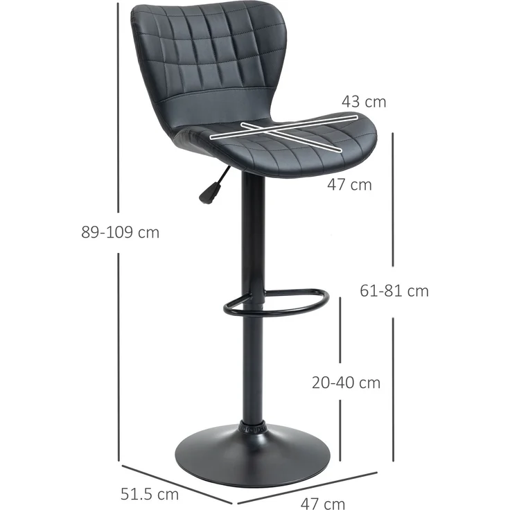 Barstuhl 2er-Set Retrodesign Höhenverstellbar 360° drehbar schwarzes Leder für Homeoffice stabil 47 x 51,5 x 89-109 cm--Schwarz--47x51.5x109cm--YOUDENOVA – Bild 3