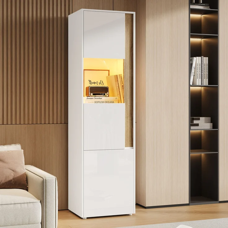 Vitrine, Aufbewahrungsmöbel, hoher Schrank mit LED-Beleuchtung, 2 Türen (eine davon aus Acryl), Geeignet für Wohnzimmer, Büros und Küchen, Weiß+Natural, Maße: B50 x T40 x H179 cm.--Natur + Weiß--50x40x179cm--YOUDENOVA – Bild 3
