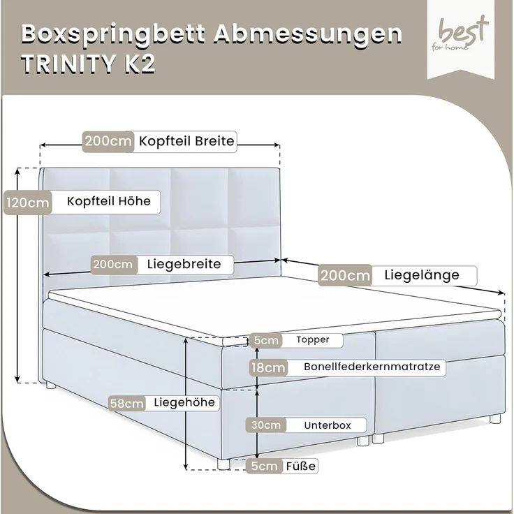 Best for Home Boxspringbett mit Bettkasten Trinity K2 Bonell-Matratze inkl. 7 cm Topper (Polsterbett Doppelbett Boxbett mit gepolstertes Kopfteil, versch. Größen, 140x200 160x200 180x200 200x200 cm), Handwerksqualität, TOP Preis-Leistungs-Verhältnis – Bild 2