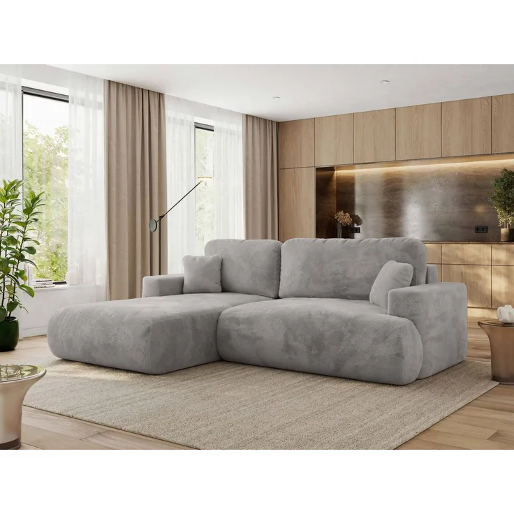Ecksofa OVO mit schlaffunktion und bettkasten, Wellenfeder, lose Kissen, L-form 271x195 cm - Hellgrau Plüsch - linke Seite