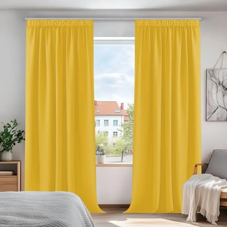Deconovo Hitzeschutz Kräuselband Blickdicht Vorhänge Thermogardine Senfgelb | 2er Set, H 200 x B 140 cm, Deckenschiene Vorhang, Gardinen Wohnzimmer, Schlafzimmer Gardinen, Kinderzimmer Gardinen Mädchen – Bild 1