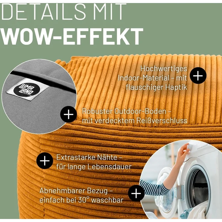 Lumaland Sitzsack-Sofa, Polyester, Pouf, Cord - Senfgelb, 40 x 54 x 54 cm – Bild 6