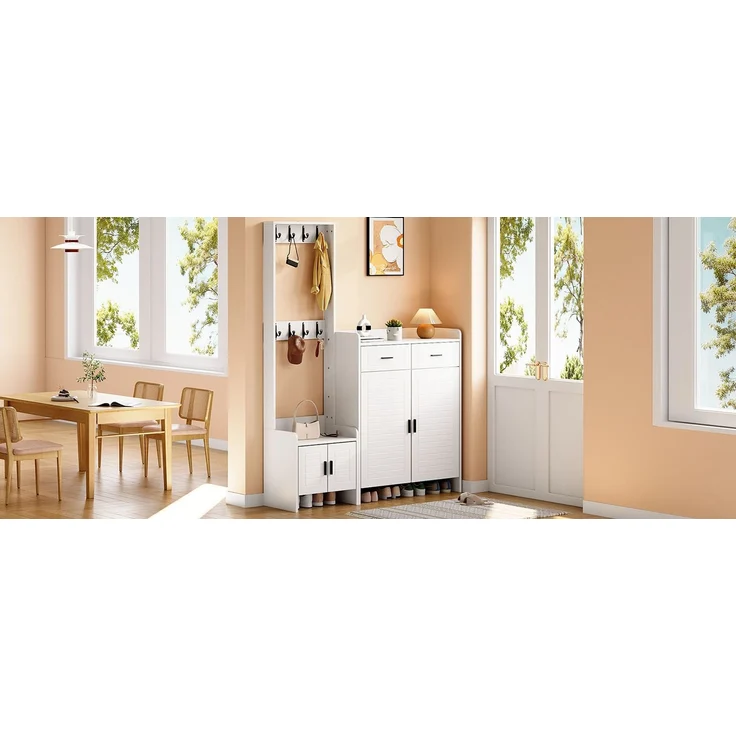 Faumrta Garderoben- und Schuhschrank-Set für den Eingangsbereich mit 2 Schubladen, 2 Schranktüren, 6 Ablagen und 8 Haken. Ideal für Flur und Eingangsbereich. Farbe: Weiß,125*36*165CM125CM*32CM*165CMWeißMDF (Medium-Density-Faserplatte) – Bild 10