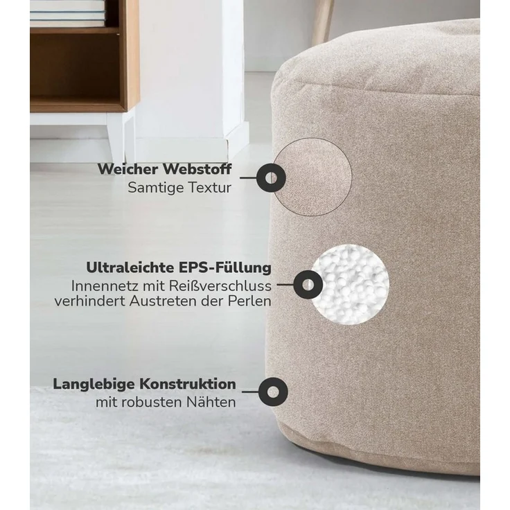 mokebo Pouf Der Ruhepouf (aus Webstoff), Sitzhocker, Bodenkissen, Fußhocker, Hocker, Sitzkissen in Beige – Bild 3