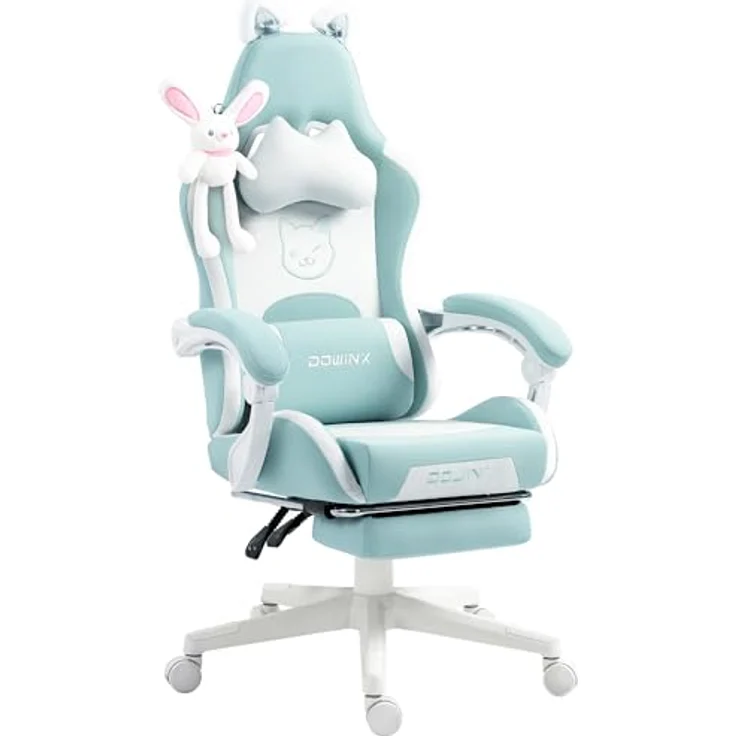 Dowinx Gaming Stuhl - Süße Katze Edition - Ergonomischer Computerstuhl mit Hoher Rückenlehne und Lendenwirbelstütze, PU-Leder, Fußstütze, Blau – Bild 2
