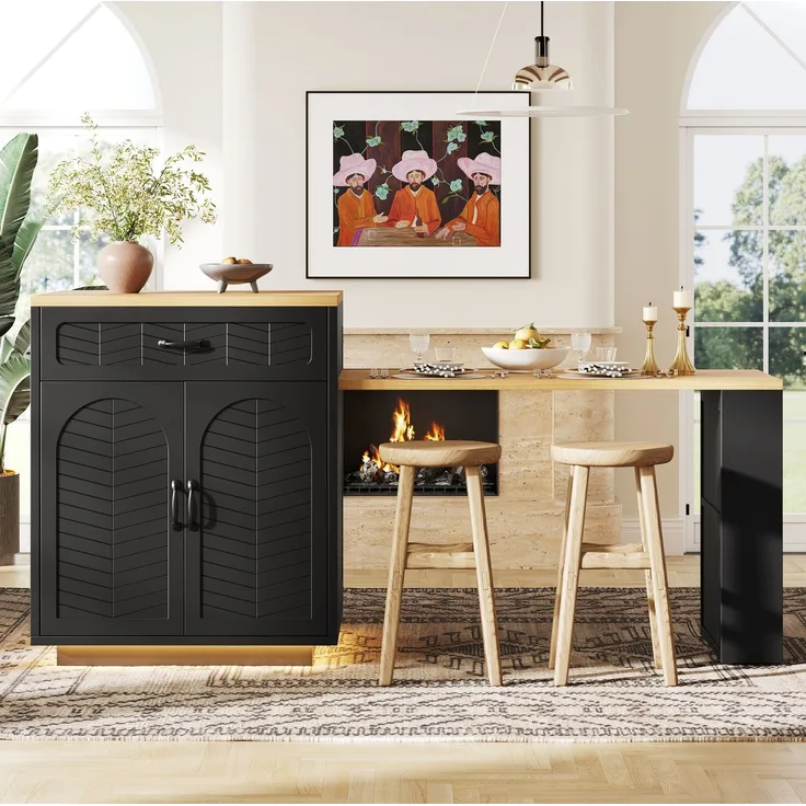 Kücheninsel 80x70x95,5 cm in Schwarz mit Ausziehtisch, Stauraum und Weinregal