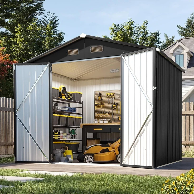 Aoxun Großes Gerätehaus aus Metall 235x171x196cm, wetterfestes Gartenhaus mit Doppeltür & Satteldach, abschließbarer Geräteschuppen für Garten, Hinterhof, Terrasse,Schwarz – Bild 1