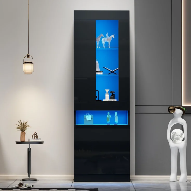 Vitrine mit LED Beleuchtung Vitrinenschrank Standvitrine Stauraumvitrine Schrank Wohnzimmerschran Schwarz LED Vitrine Wohnzimmer Wohnwände LED Vitrinenschränke LED Schränke Buffet-Schran--Schwarz--50x40x180cm--YOUDENOVA – Bild 4