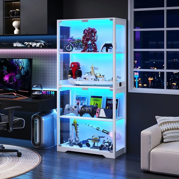 Glasvitrine 80x35x165 cm, 4-stöckige Vitrine mit LED-Beleuchtung, Bewegungssensor und Pop-up-Glastüren, Weiß – Bild 9