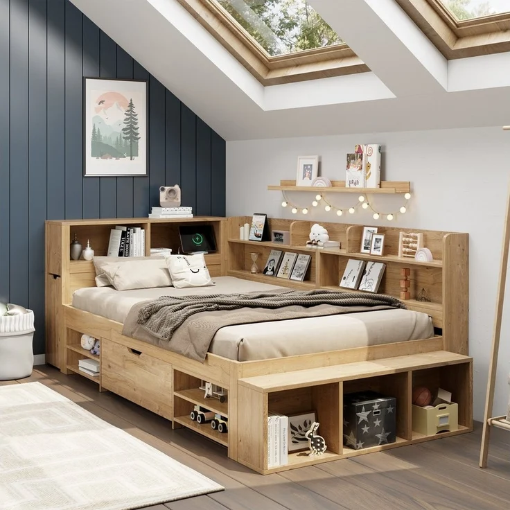 STILVORA Holzbett 90x200 mit Schublade,Jugendbett Stauraumbett mit Lattenrost,Natur (Stauraumbett, Kinderbett, 1-tlg, 90*200 cm, ohne Matratze), mit ausziehbarer Nachttisch Schubladen, Regal und Stauschrank – Bild 1