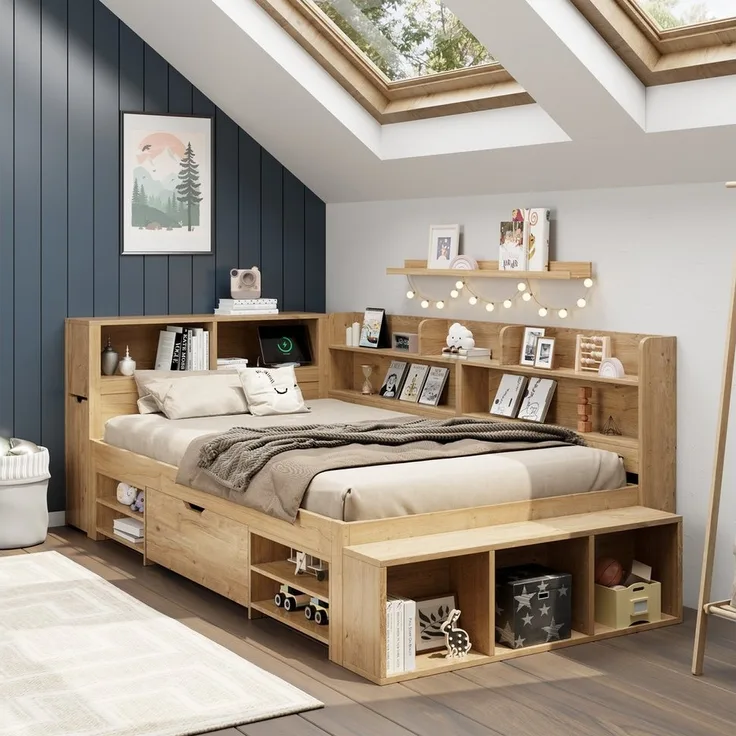 STILVORA Holzbett 90x200 mit Schublade,Jugendbett Stauraumbett mit Lattenrost,Natur (Stauraumbett, Kinderbett, 1-tlg, 90*200 cm, ohne Matratze), mit ausziehbarer Nachttisch Schubladen, Regal und Stauschrank