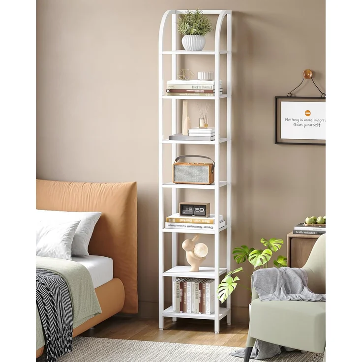 Bücherregal, 7 Ebenen Standregal, DVD-Regal, Schmale Regale, Offenes Regal, Industriestil, Metallrahmen, Geeignet für Arbeitszimmer, Wohnzimmer, Schlafzimmer, Küche, Weiß – Bild 6
