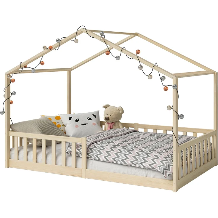 Bellabino 'Bia' Hausbett 120x200 cm, natur, Kiefer Massivholz, Bodenbett in Hausoptik, Montessori Kinderbett mit Rausfallschutz und Lattenrost – Bild 12