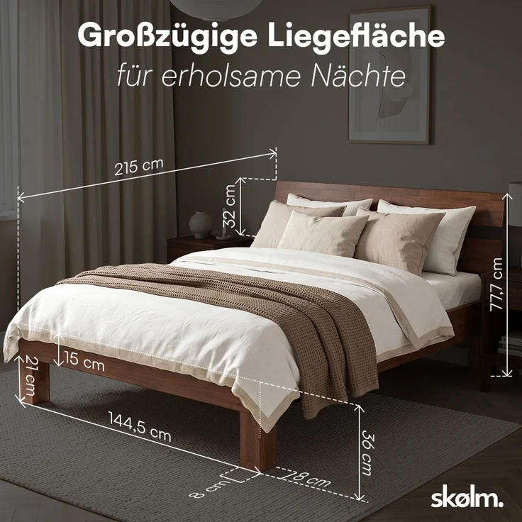 skølm 'Floki' Bett 140x200 cm, Bettgestell aus Eiche, Bettkopf 2 Streben, Massivholzbett lackiert, Walnuss Optik, geeignet als Doppelbett – Bild 9