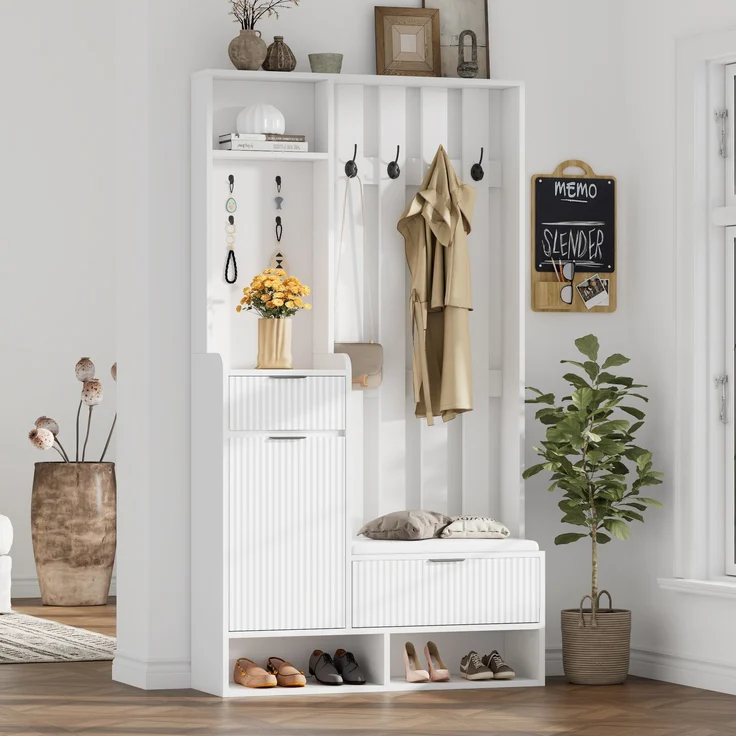 100*30*180cm Garderobenständer 6-in-1, mit 8 Haken, Schuhbank und Ablagen, Kippschutz,Kompaktgarderoben Mit Schubladen und Schränken,100cm breit,Schuhschrank, weiß – Bild 4