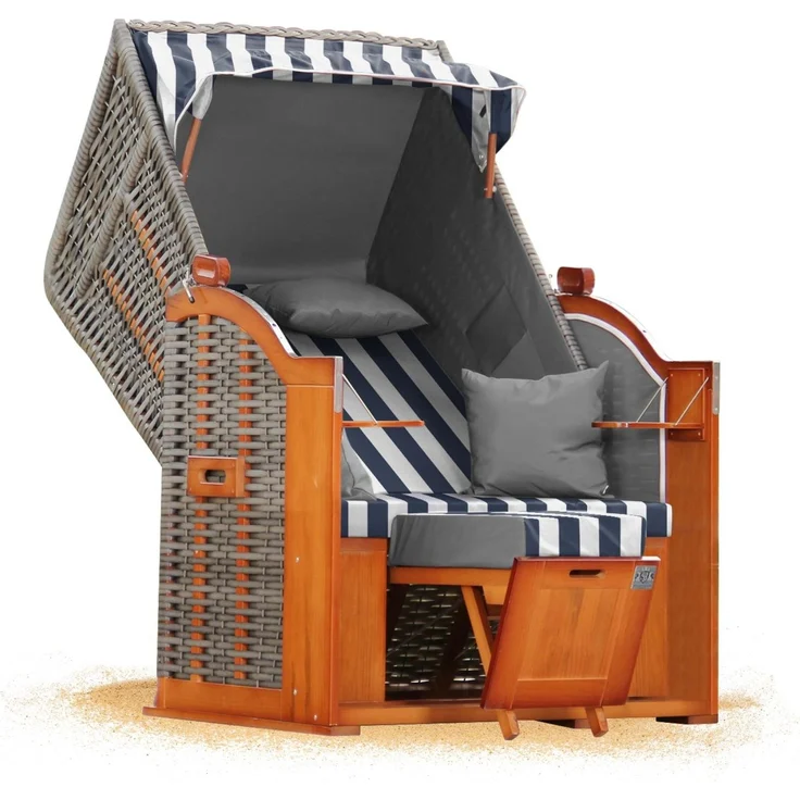 Strandkorb Hanse Ostsee Klassik 1-Sitzer, Blau Weiß Blockstreifen – Bild 2