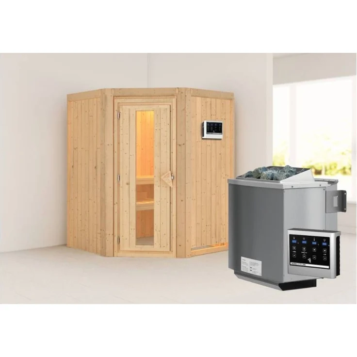 Karibu Sauna Larin + 9kW BIO-Kombiofen mit ext. Steuerung Easy Klarglas Ganzglastür – Bild 2