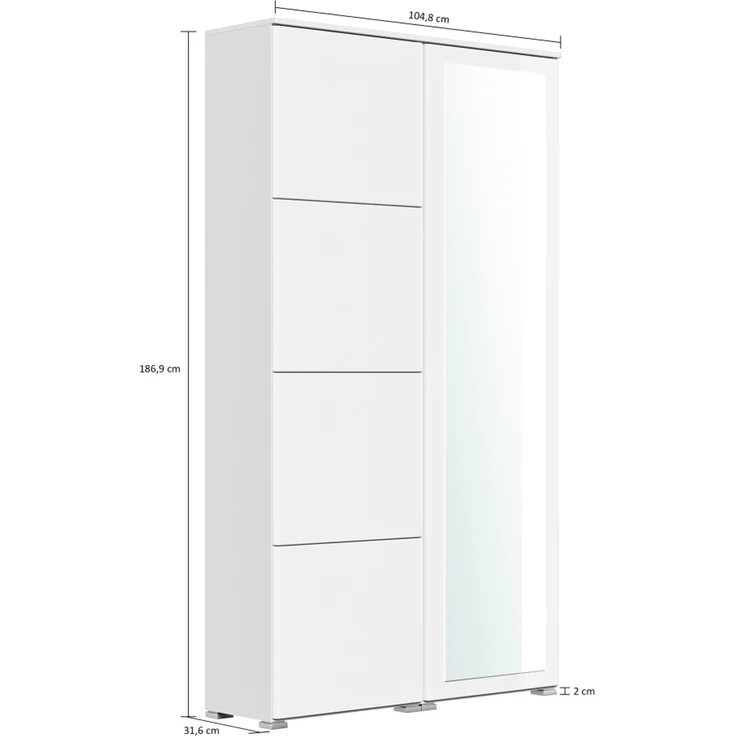 Schuhschrank Spiegel Comfort 4 Klappen 32 Paar 105x187 cm Weiss-Weiss Hgl : Weissmatt / Weiss hochglanz – Bild 4