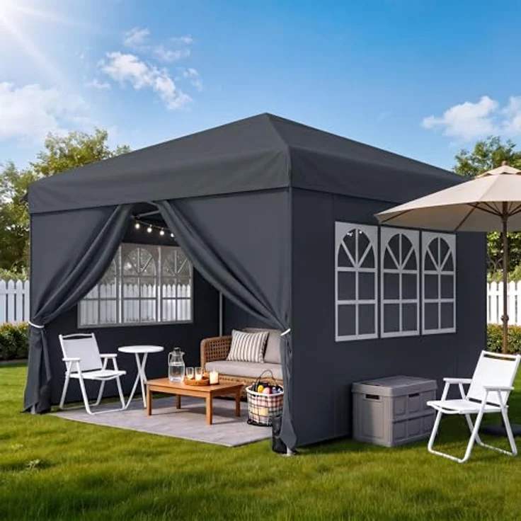 YITAHOME Pavillon mit Seitenwänden, 3x3 m wasserdichte zusammenklappbares Garten Vordach, Ganzjahres Camping Pavillon UV-Schutz mit Heringen,Seil,Tragetasche,Gewichtsbeuteln Veranstaltungen,dunkelgrau – Bild 8