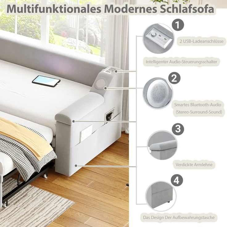 Ausziehbett 90/180×190 cm aus Samt mit Bluetooth-Sound und USB – multifunktionales Schlafsofa mit Stauraum – Bild 6