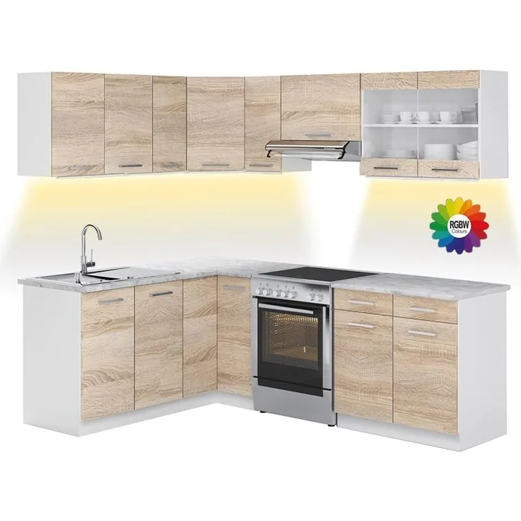 Eckküche R-Line Sonoma/Weiß 227 x 167 cm, AP Marmor mit LED-Leisten Vicco