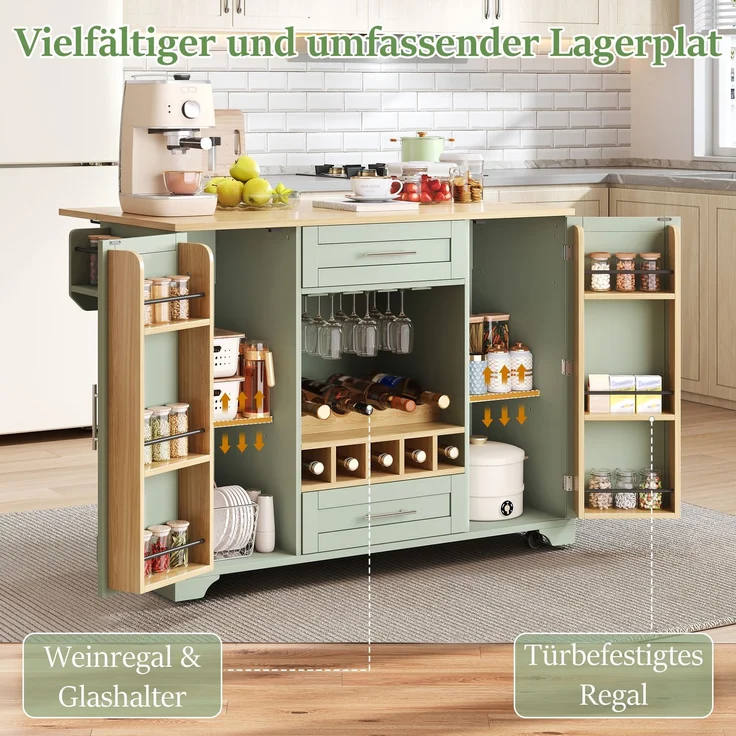Merax 120cm Küchenwagen mit klappbarer Arbeitsplatte, Kücheninsel auf Rollen mit Weinregal, Glashalter, Gewürzregal & Handtuchhalter, Grün – Bild 5