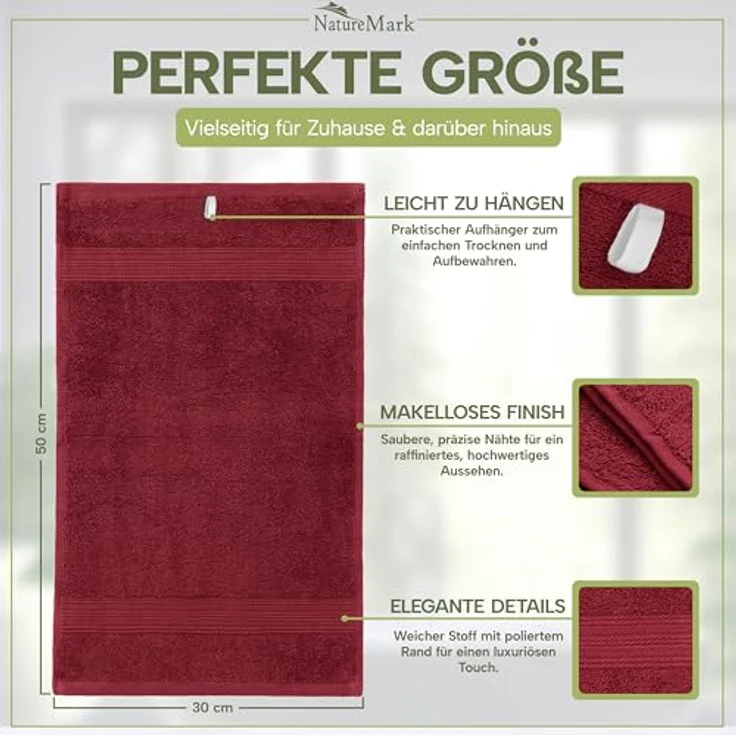 NatureMark Gästetücher – 12er Pack (30x50 cm), 100% Baumwolle, Oeko-Tex Zertifiziert, weich, saugfähig und pflegeleicht – Für Bad, Gäste & Spa – Bordeaux Rot – Bild 8