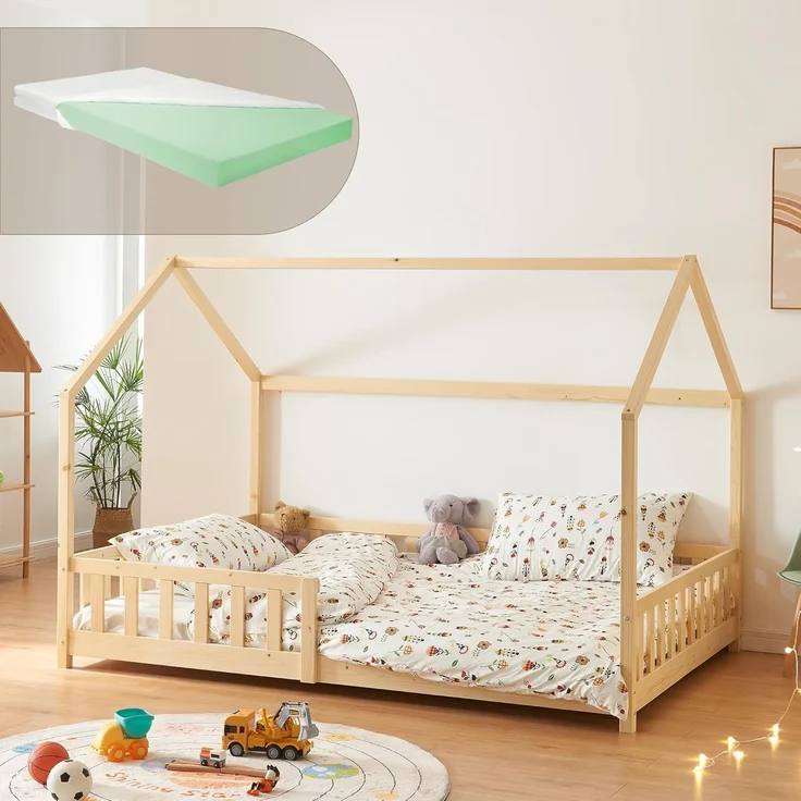 Hausbett Hesel, Kinderbett, Lattenrost und Matratze, Holzoptik, 120x200 cm – Bild 1