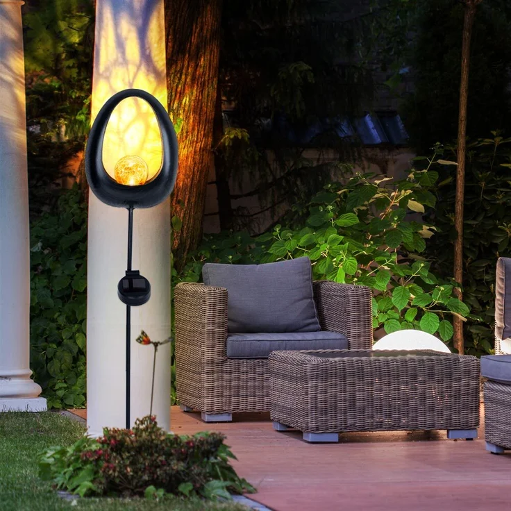 3x LED Solar Stecklampen, schwarz, gold, Feuereffekt, H 93 cm – Bild 7