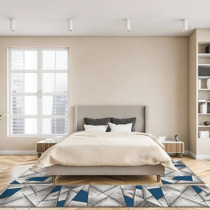 oKu-Tex Bettumrandung 3 teilig, Läufer (67 x 340 cm) + Brücken (2 x 67 x 140 cm), Kurzflor, (Set 3 teilig, 3-tlg), Teppich Schlafzimmer Bettvorleger Set schmal gewebt blau meliert – Bild 2
