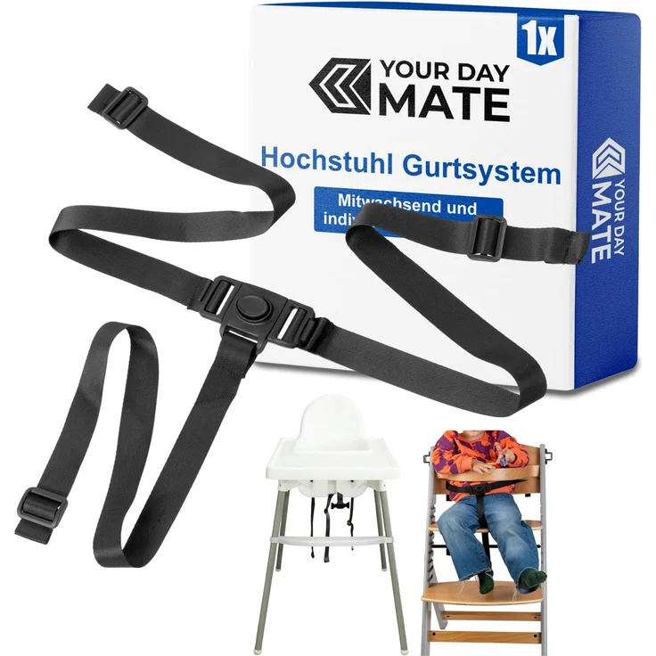 Hochstuhl 3-Punkt Gurtsystem, 1 Set, kompatibel mit IKEA ANTILOP, IKEA LANGUR, Kinderkraft ENOCK, Safety 1st Timba und bebeconfort Timba, Schwarz, verstellbarer Hochstuhlgurt