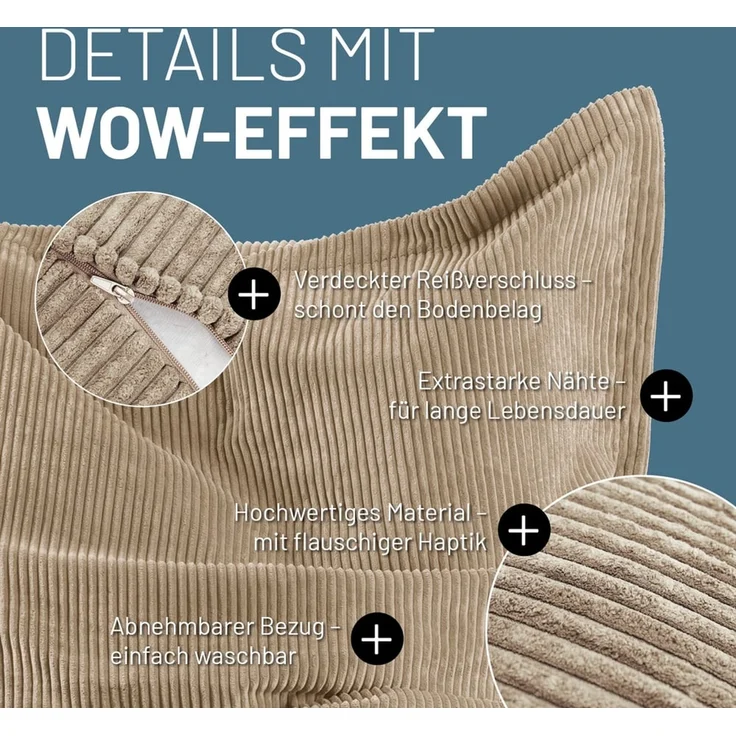 Lumaland Sitzsack Classic XXL Cord | Riesen Sitzsack XXL mit Softer Rippenstruktur – ideal zu Cord Sofa & Sessel Indoor Bean Bag für Wohnzimmer, Schlafzimmer & Co. - 380 L, 140x180 cm – Bild 4