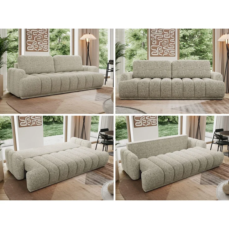 Schlafsofa ACCORDO 3-Sitzer mit Schlaffunktion, DL-Mechanismus, Wellenfederung & Massivholz, freistehend rundum bezogen - Beige Strukture – Bild 2
