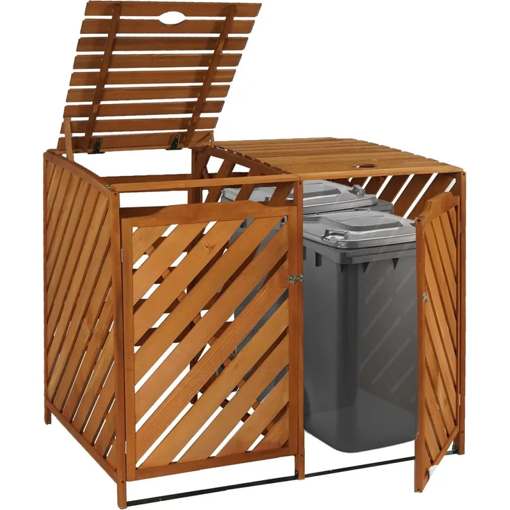 XL 2er-/4er-Mülltonnenverkleidung HWC-J44, Mülltonnenbox, erweiterbar 121x133x98cm Holz MVG-zertifiziert ~ braun