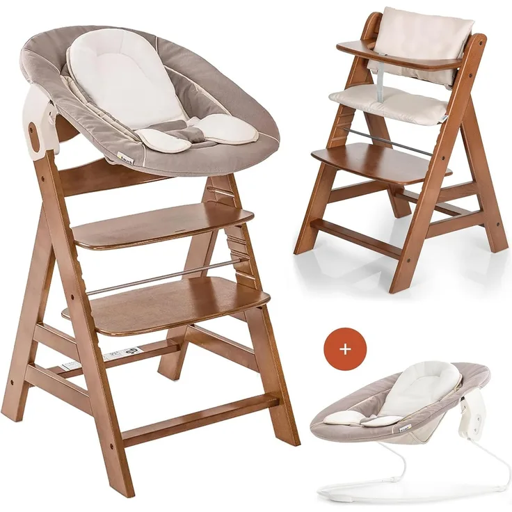 Hauck Alpha Newborn Set - Baby Holz Hochstuhl ab Geburt mit Liegefunktion inkl. Aufsatz für Neugeborene und Hochstuhlauflage, mitwachsend, höhenverstellbar - Walnut Beige