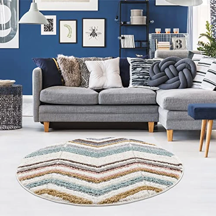 Teppich Rund - Hochflor - 120x120cm - Boho - Geometrisch Zick Zack - Muster -Pastellfarben Multi - Skandinavisch Flauschig Weich - Wohnteppich Schlafzimmer Dekoration – Bild 8