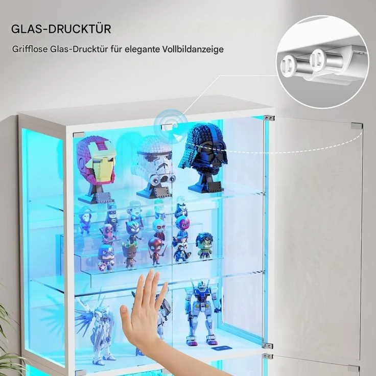 Glasvitrine 75x35x181 cm, 6-stöckige Vitrine mit LED-Beleuchtung, verstellbaren Glasböden und Sensor, Weiß – Bild 7