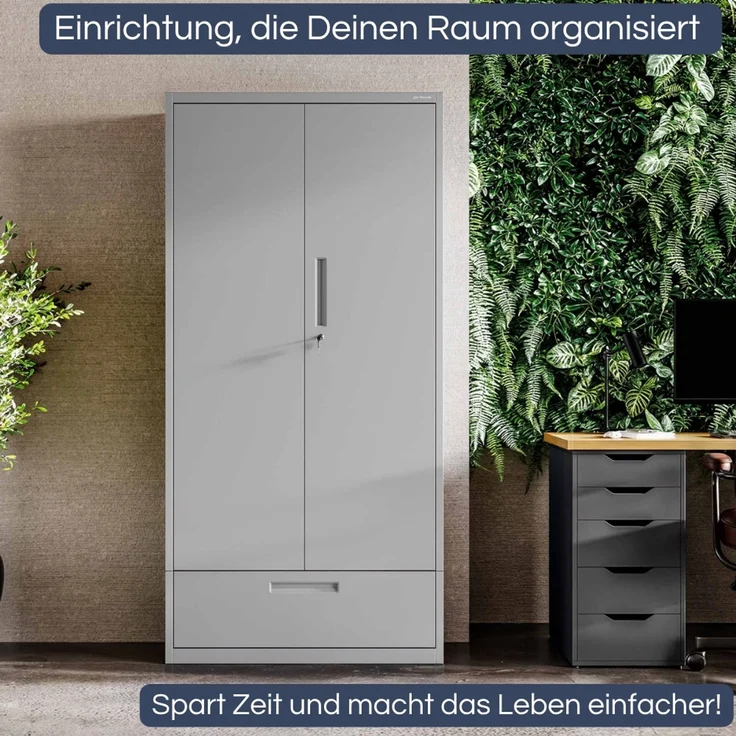 Metallschrank mit Einzel-Schublade RUEL - 195x90x40cm Grau | Büroschrank Aktenschrank Stahlschrank Fachbodenschrank Werkstattschrank – Bild 3