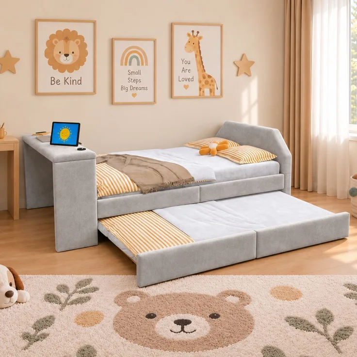 Merax Einzelbett, Kinderbett, Polsterbett 90 x 200cm mit integriertem Schreibtisch, USB-Ladeanschluss und ausziehbarem Gästebett; Samt-Bettgestell, Grau