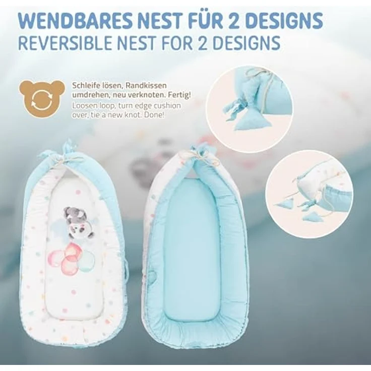 Joyz Babynest, Panda Hellblau, 90x50 cm, Baumwolle, zweiseitig, antiallergisch, tragbar, Multifunktionale Babynestchen, Kokon für Babys & Säuglinge, Baby Nest Babybett Neugeborene Kuschelnest Reisebett – Bild 3