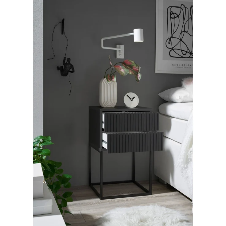MARLE Nachttisch in Graphit - Moderner Nachtschrank mit Schubladen und schwarzem Metallgestell - 40 x 65 x 38,5 cm (B/H/T) – Bild 4
