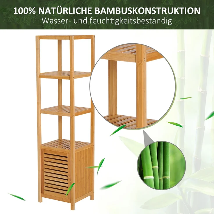 Badschrank 36 x 33 x 140 cm aus Bambus, 3 offene Fächer und Lamellentür – Bild 5