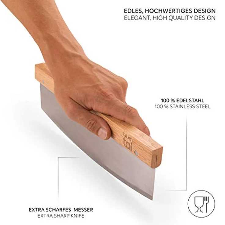 Blumtal Pizzaschneider Premium Wiegemesser, 32cm Edelstahlklinge, 1,2mm Klingenstärke, Ergonomischer Holzgriff – Bild 3