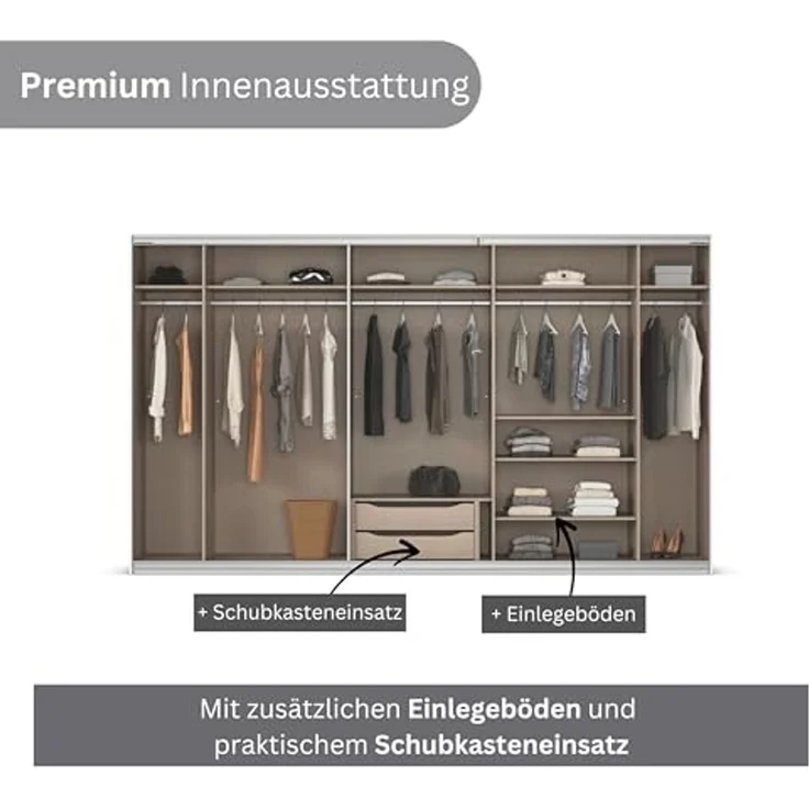 Rauch Möbel Kulmbach, Kleiderschrank mit Schwebetüren für Schlafzimmer, Kinderzimmer, Flur, 3-türig, mit Spiegel und Soft-Close-Funktion, Zubehör Premium, Farbe Grau metallic, Schwarz, Breite 360 cm – Bild 7