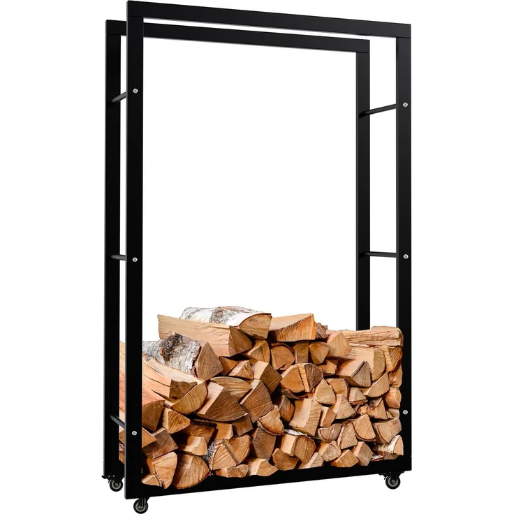 DELUKE® Kaminholzregal innen Metall SATLO - mit Rollen Brennholzregal innen Kaminholzständer Kaminholzhalter Feuerholzregal Innen Schwarz, 25x80x125cm – Bild 1